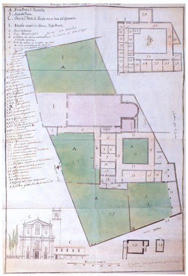 Mappa del convento, della chiesa e delle adiacenze con prospetto della facciata della chiesa, del campanile e del secondo chiostro, oggi scomparso (1770, Archivio di Stato di Venezia)